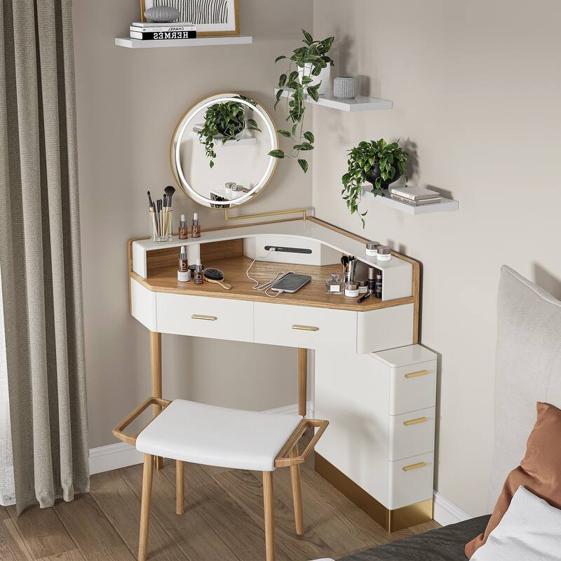 Modern Corner Makeup Vanity Table with LED Lighted Mirror, Vanity Desk with 5 Drawers, Piano Finish, Solid Wood Legs, Stool
