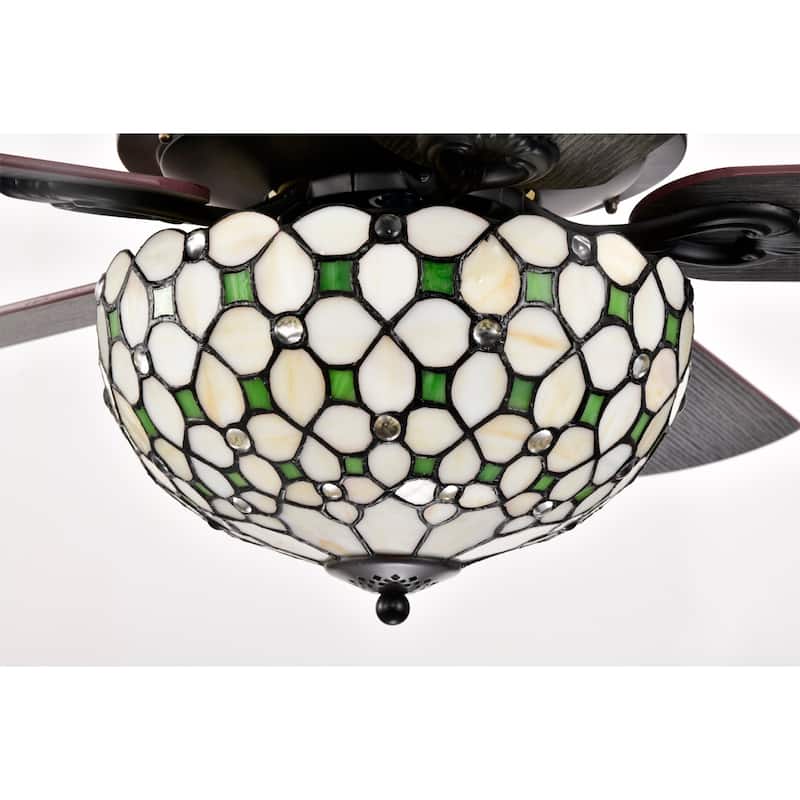 Guarvey 52-Inch Flushmount Two-Tiered Lighted Ceiling Fan Ivory Tiffany Glass Lamp Black Finish