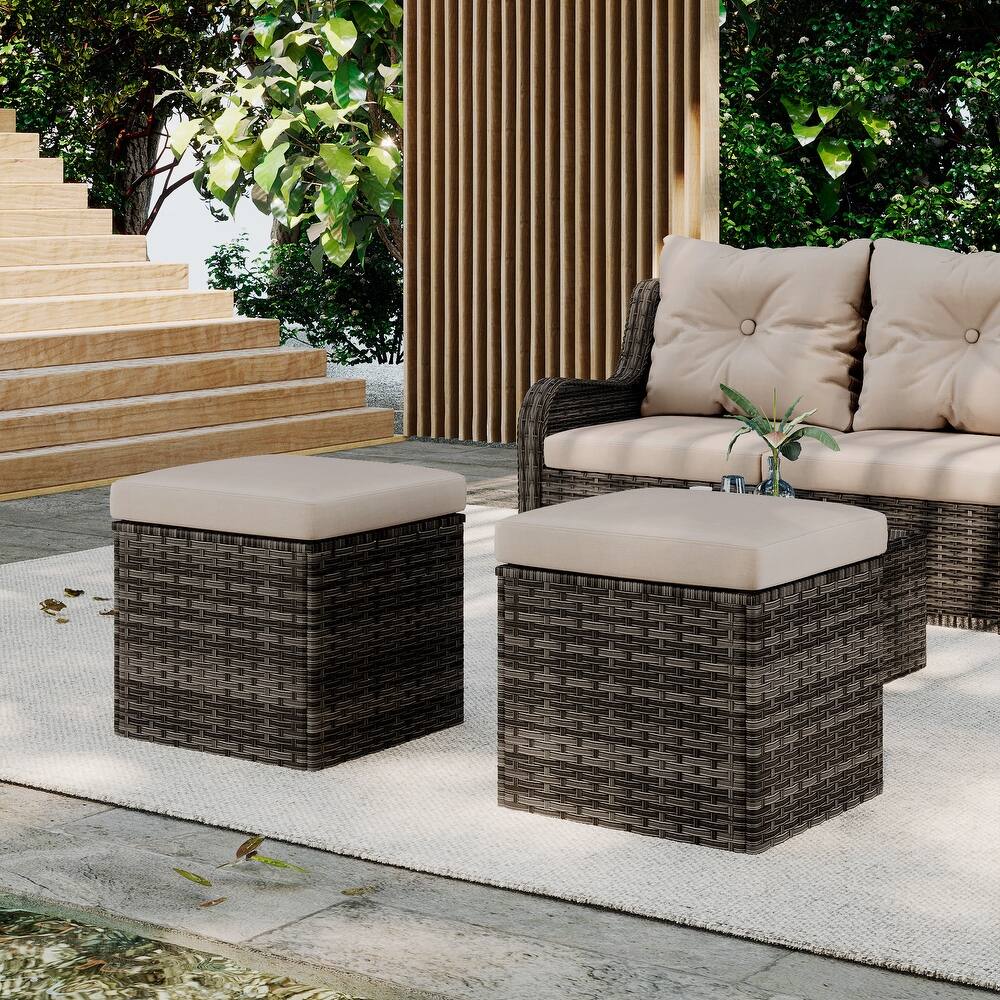 Outdoor Patio PE Wicker Ottoman with Cushion Set of 2
