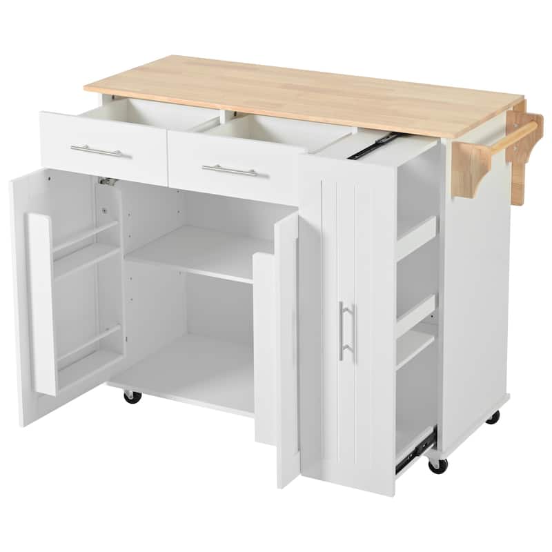 Roomfitters Kitchen Island with Drop Leaf, Kitchen Storage Cart with 3 Tier Pull Out Cabinet Organizer, Internal Storage Rack