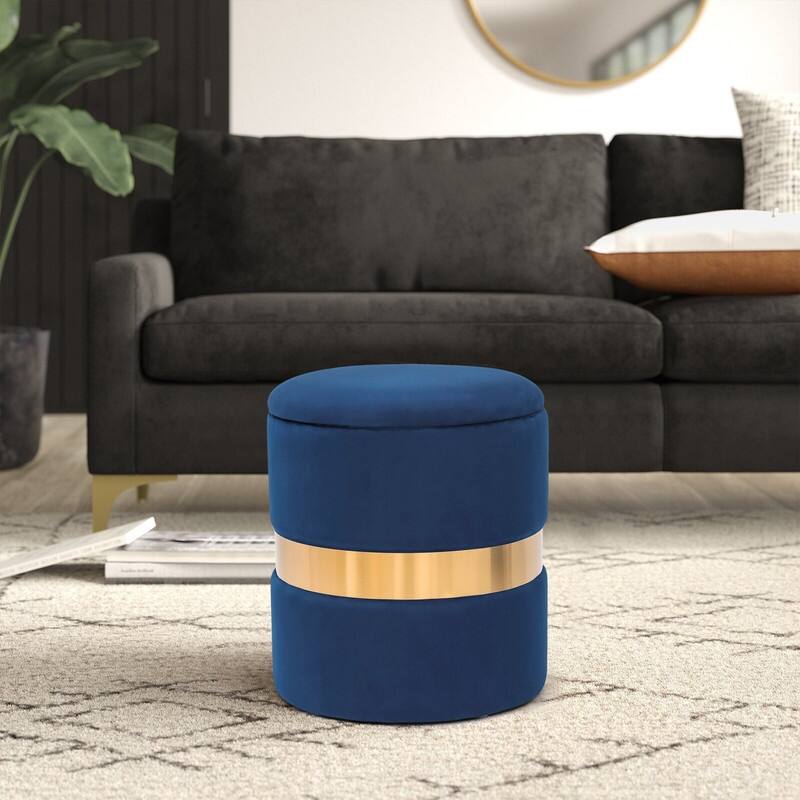 Adeco Set of 2 Velvet Storage Ottoman Round Foot Stool Metal Band