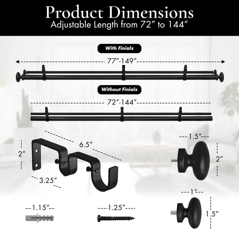 Meriville 1-Inch Diameter Prima Telescoping Double Window Treatment Curtain Rod
