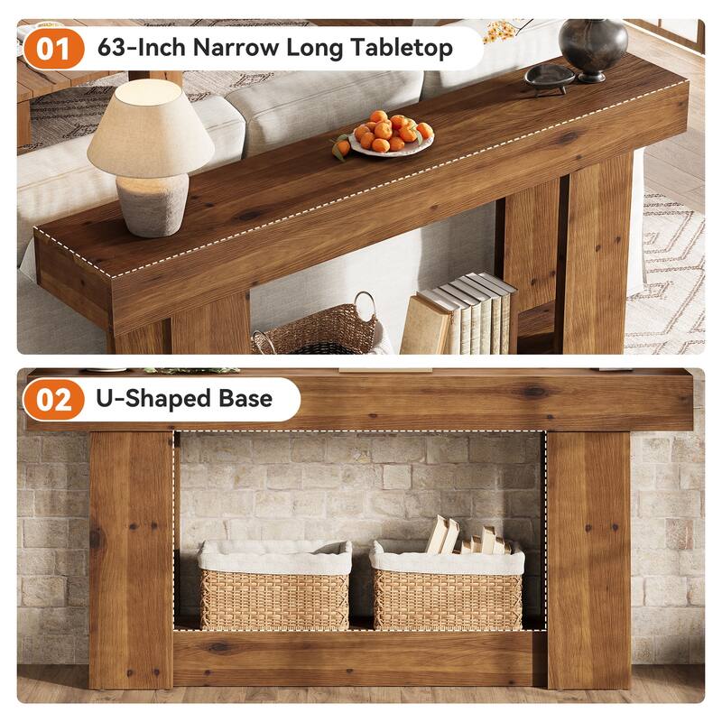 63 Inch Long Solid Wood Console Sofa Table with 2-tier Storage