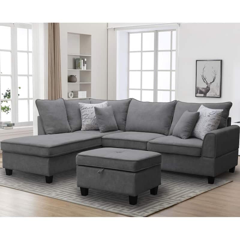 Harmony 99"W Fabric Sectional Sofa with Left-Facing Chaise and Storage Ottoman - Gray