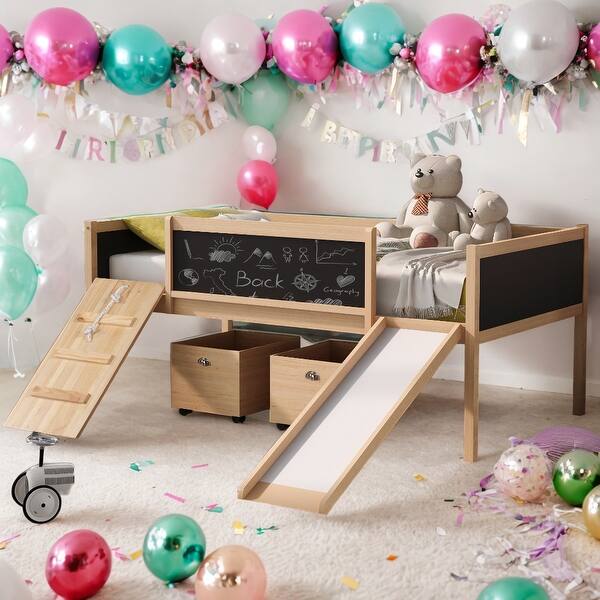 slide 2 of 19, Contemporary Design Twin size Loft Bed Wood Bed with Double-sided Chalkboard, Sturdy Construction & Unique Design, Natural