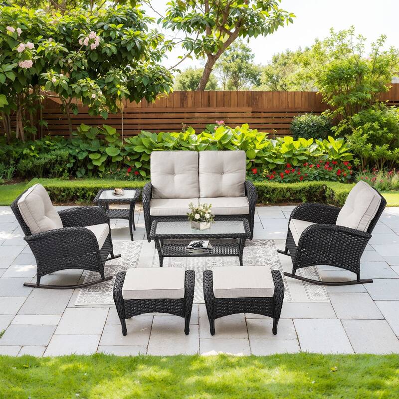 Outdoor Glider Sofa Rocker Chairs Ottomans Set Black-Beige - Black - Black - Beige
