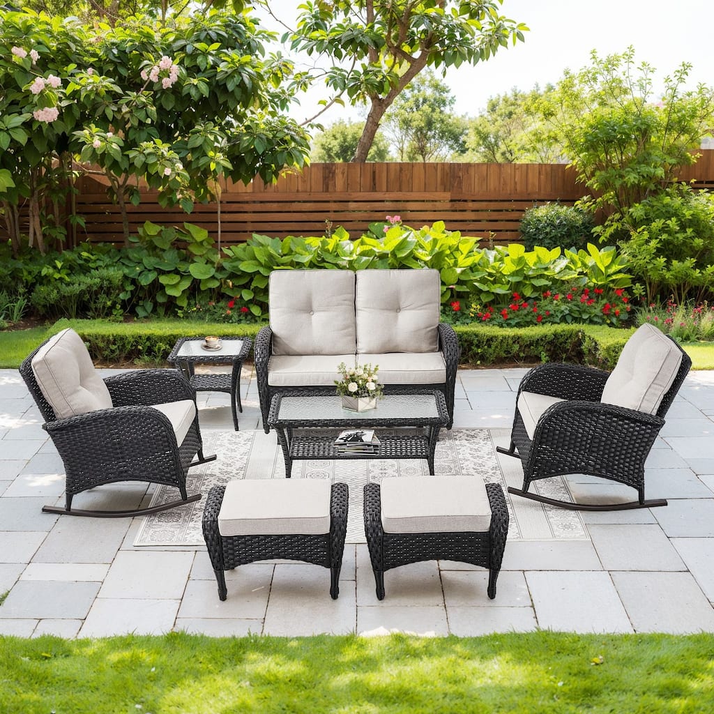 Outdoor Glider Sofa Rocker Chairs Ottomans Set Black-Beige - Black