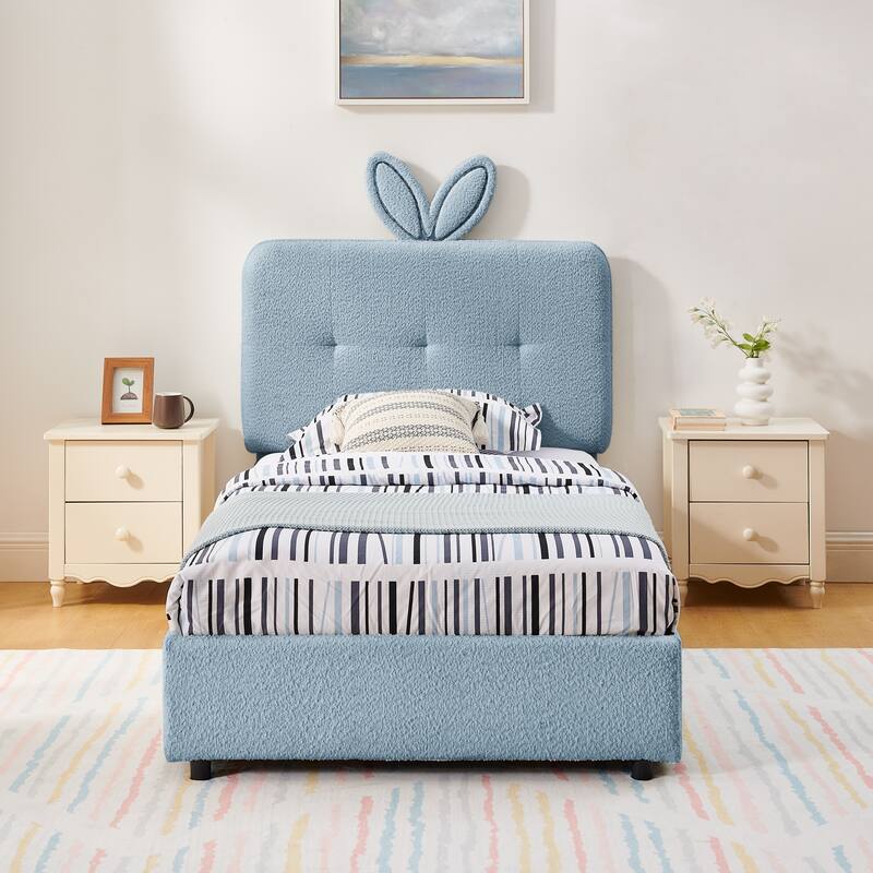 Kids Boucle Upholstered Bed with Rabbit Ear Headboard, LED Music Sync & 4 Drawers - Blue - Twin