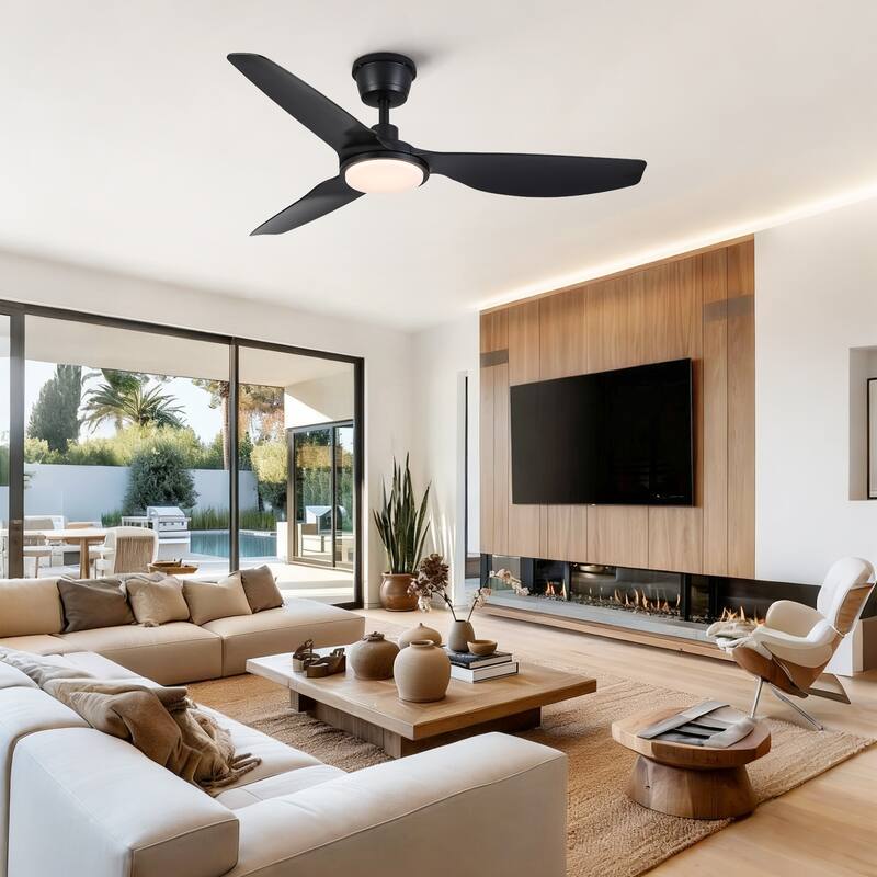 52 inch Modern Outdoor Waterproof Black Ceiling Fan with Light and Quiet DC Motor