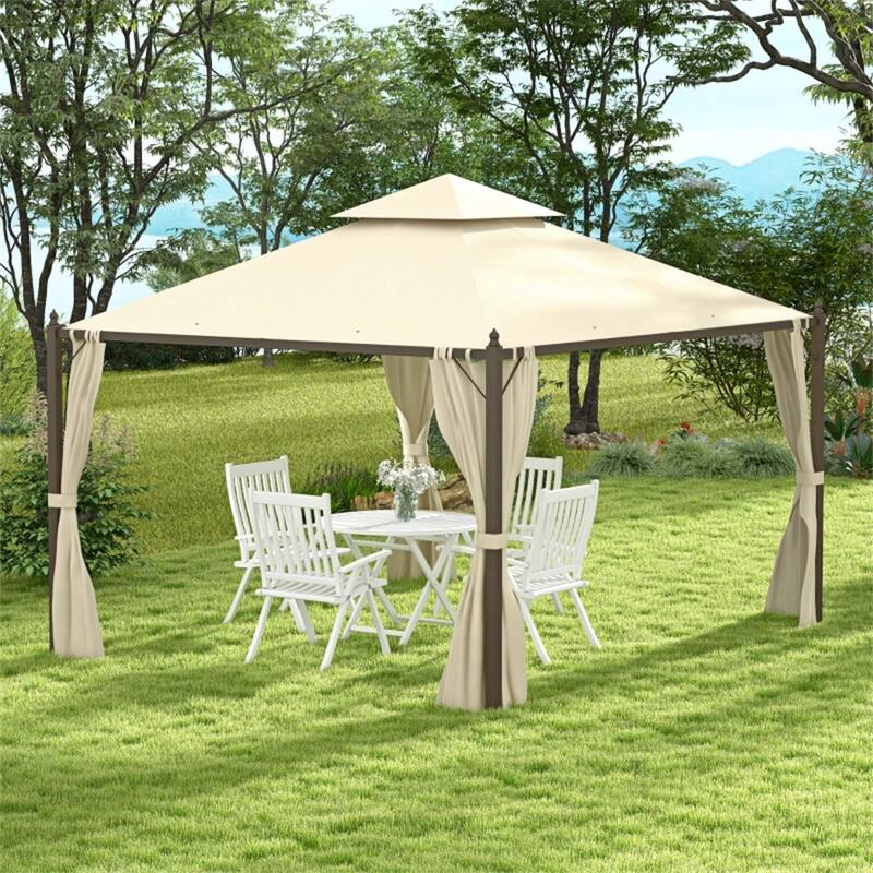 Dark Coffee Outdoor Gazebo with Beige Polyester Curtains Powder-Coated Steel Frame Two Tier Ventilated Canopy Patio Garden