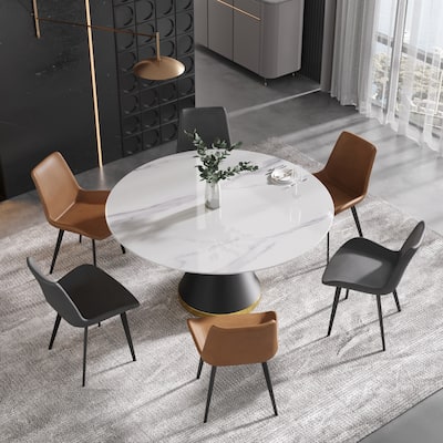 59.05 in. White Modern Round Sintered Stone Dining Table with Carbon Black Base