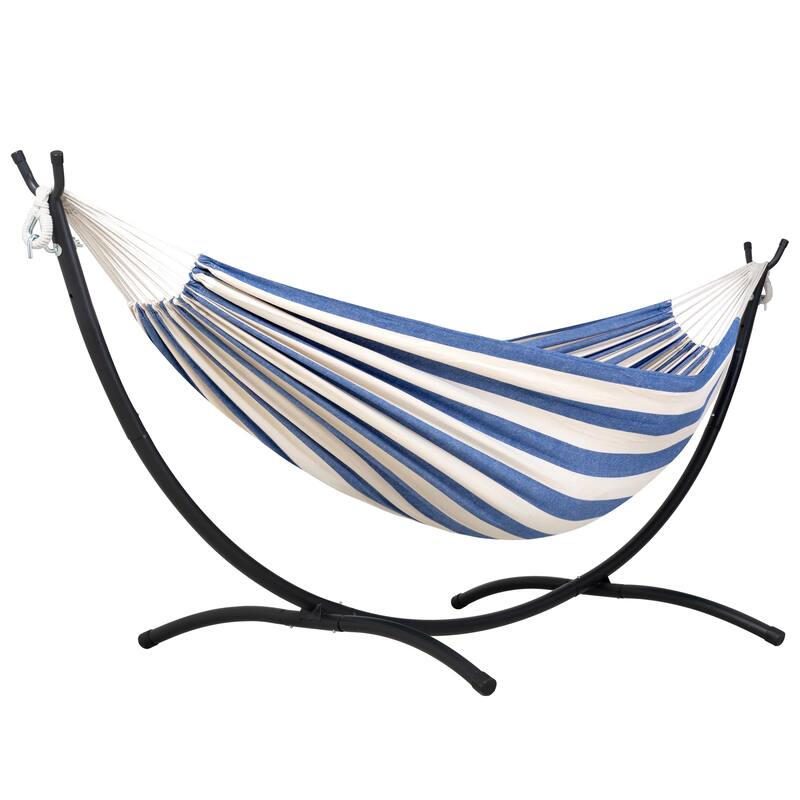 9.35 ft. 2-Person Brazilian-Style Foldable and Portable Outdoor Hammock Bed with Stand Set - 112.2 in.* 44.1 in. *40.9 in. - Blue and White