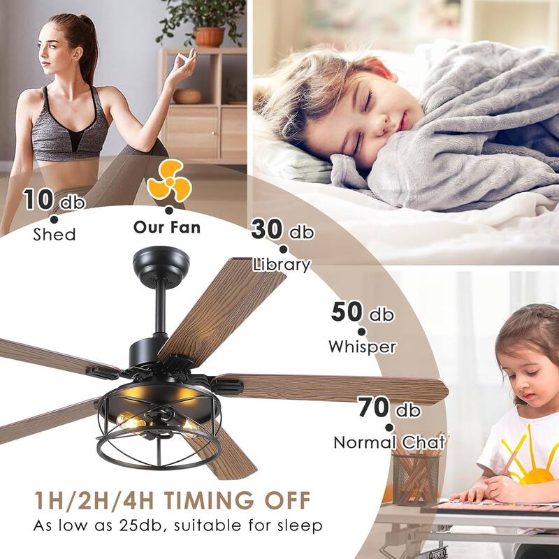 52 Inch Indoor and Outdoor Farmhouse Ceiling Fan with Light DC motor Wooden Blades Waterproof