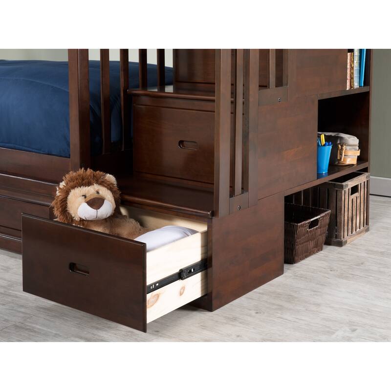 AFI Columbia Full over Full Size Staircase Bunk Bed with Bed Drawers & Charging Station in Walnut