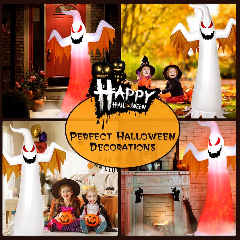 Costway 8 FT Halloween Inflatable White Ghost with Rotatable Flame LED