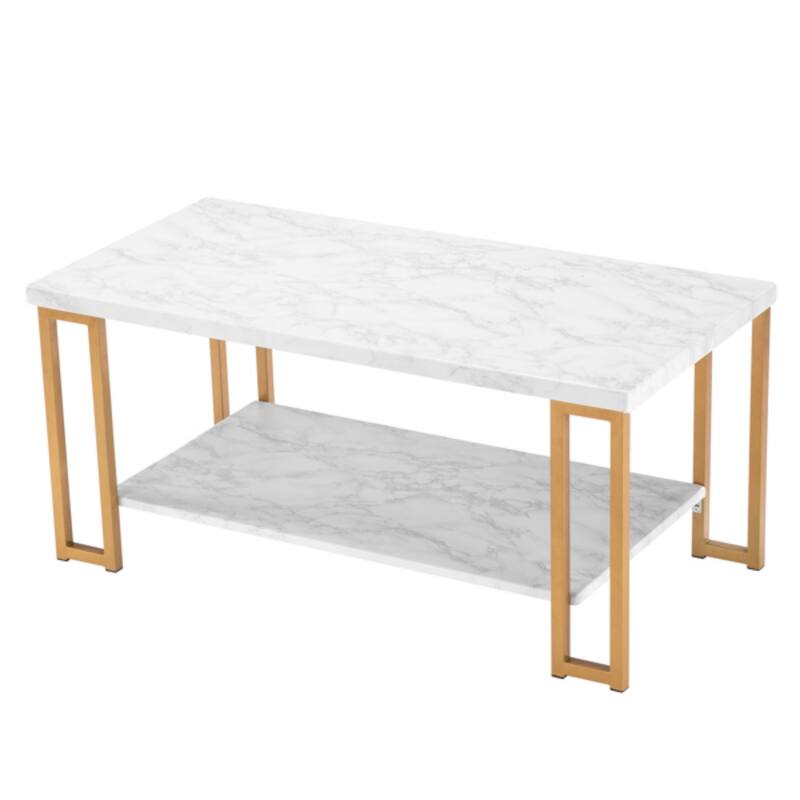 White and Gold Rounded Coffee Table with Faux Marble Top and Metal Legs Perfect for Living Room - 39.73 x 20.08 x 18.11