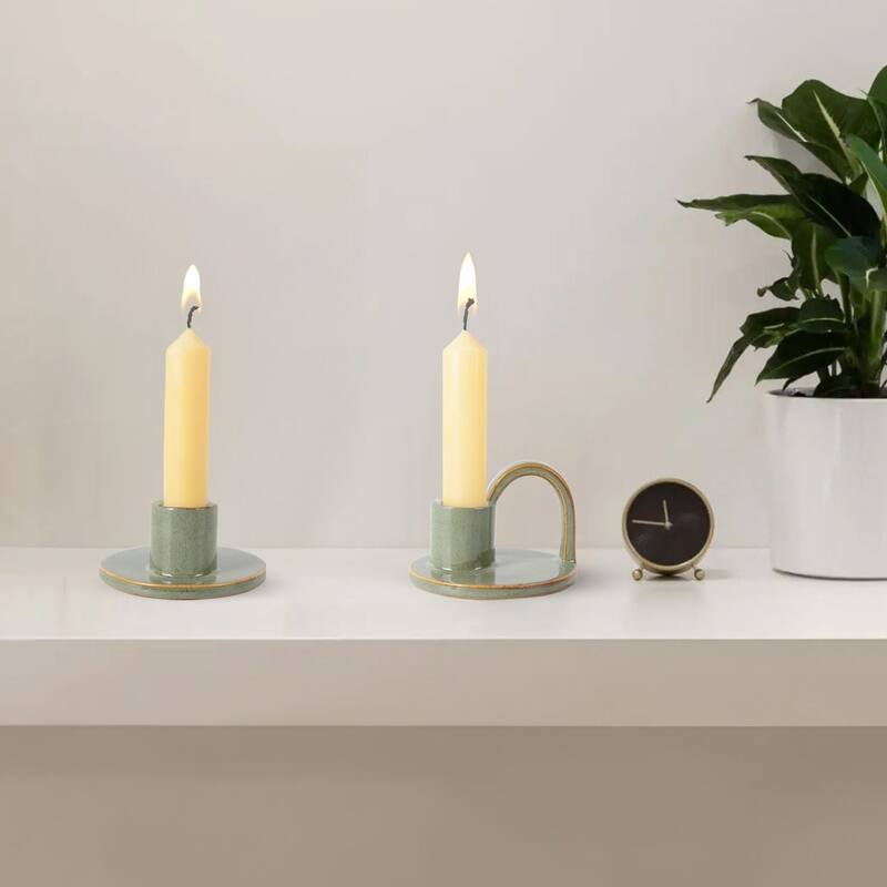 Set of Two Elise Short Ceramic Candlesticks in Avocado Green