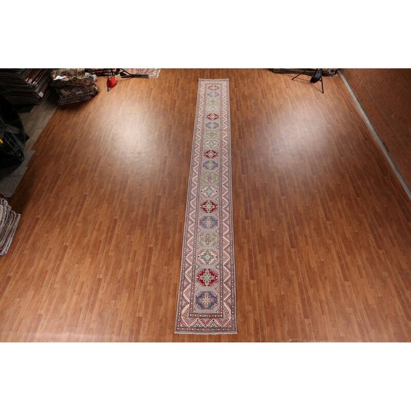 Traditional / Geometric Kazak Oriental Runner Rug Handmade Wool Carpet - 2'7" x 20'1"