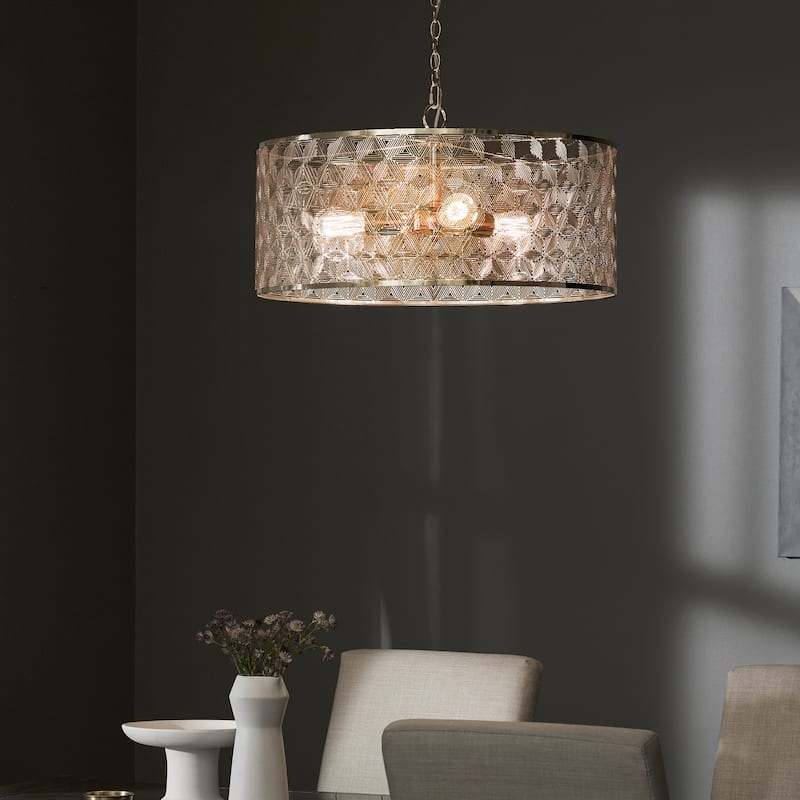 Haileigh River of Goods Gold Metal Drum-Shade Hanging Chandelier - 23.625" x 23.625" x 16/63"
