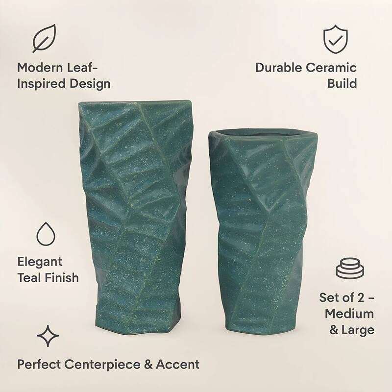 Teal Ceramic Vases Set of 2 with 3D Triangle Pattern and Twist Design