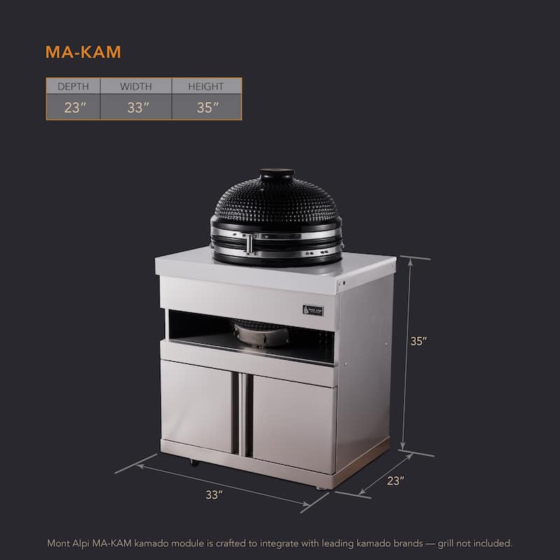 Mont Alpi MAKM-18 Heavy Duty Stainless Steel Universal Kamado Charcoal Smoker Grill Module with Granite Countertop + Storage