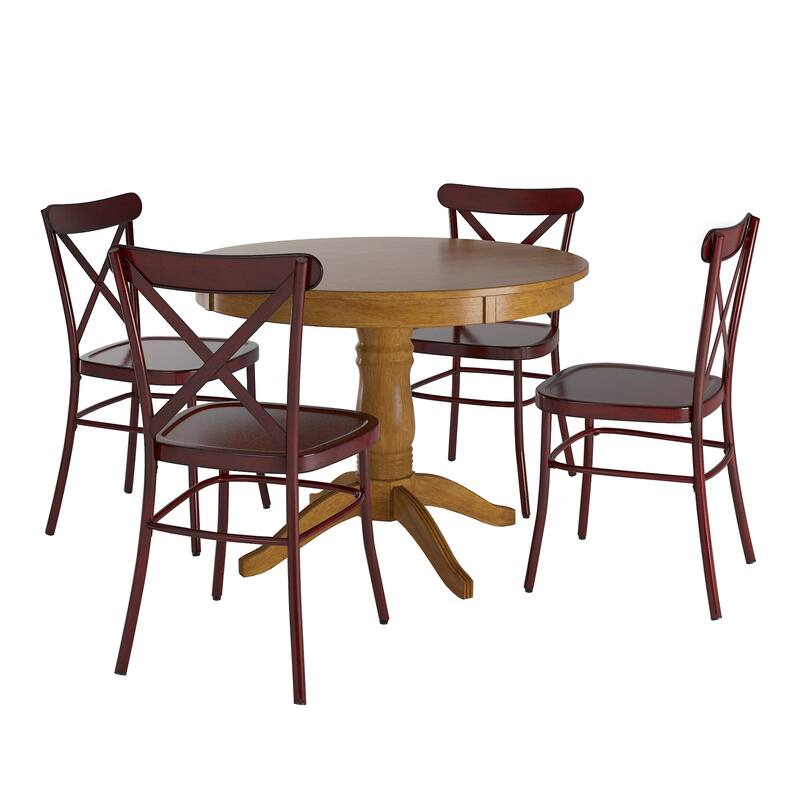 Wilmington II 42" 5-Piece Metal Chair Dining Set by iNSPIRE Q Classic - Oak Table - Berry Red Chairs