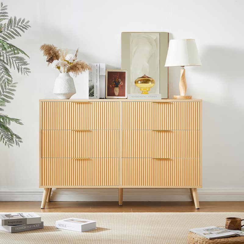 Bedroom Dresser, 6 Double Dressers with Wavy Drawers, Wooden Chest of Drawers for Children's Room, Living Room - Natural