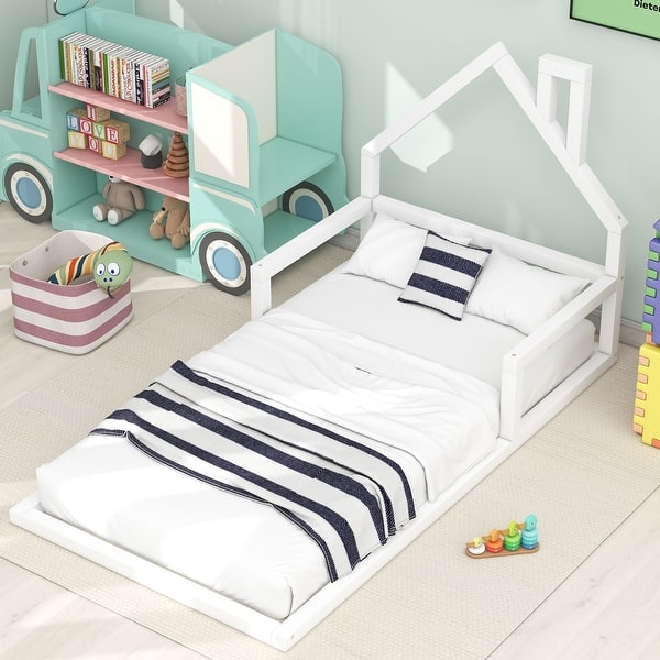 slide 2 of 18, Twin Size Wood Floor Bed with House-shaped Headboard White