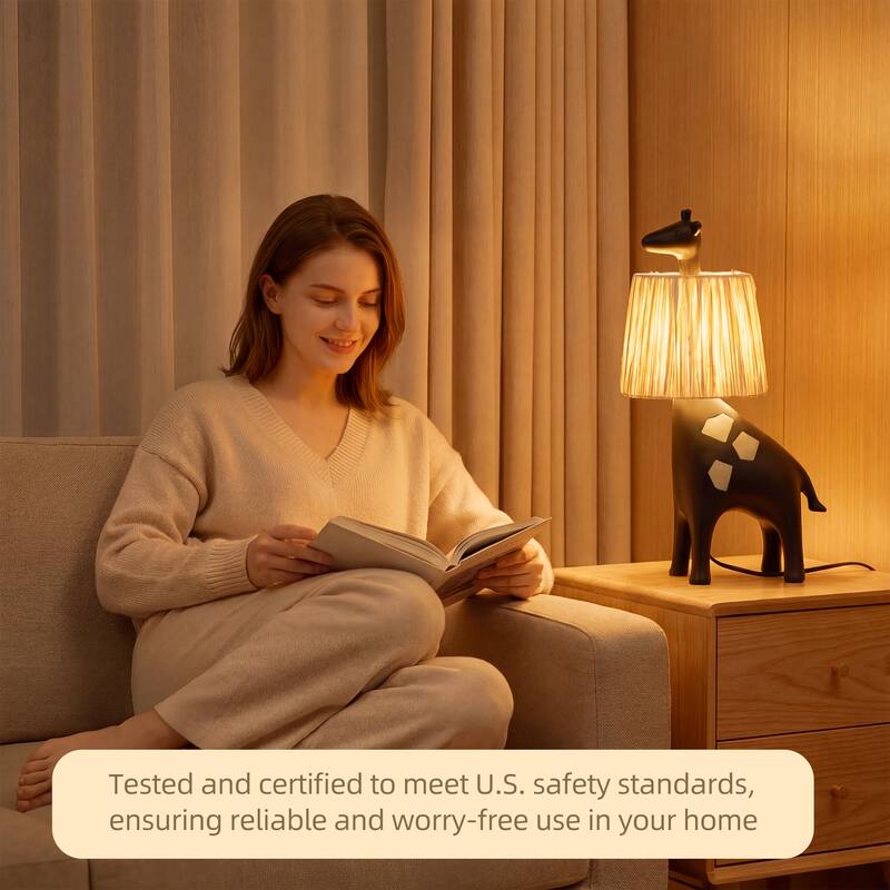 Giraffe Table Lamp with Handwoven Raffia Lampshade, LED Bedside Lamp with In-Line Switch, Resin Base