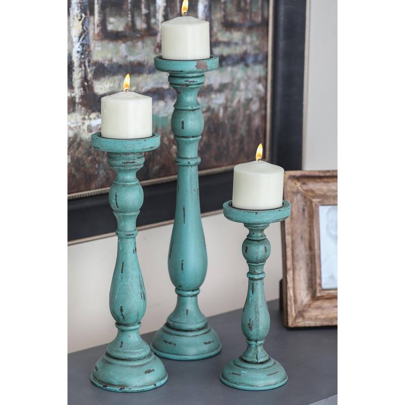 Teal Wooden Distressed Turned Decorative Candle Holder (Set of 3) - Teal