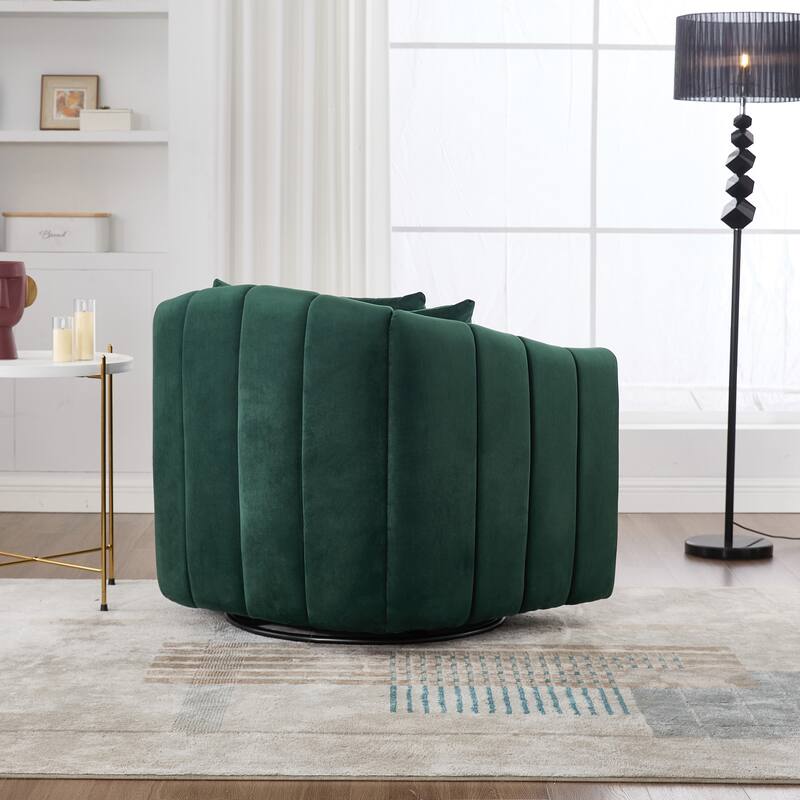 Roomfitters Oversized Swivel Barrel Chair, Velvet Channel Tufted Pumpkin-Shape Club Armchair with 3 Pillows for Living Room