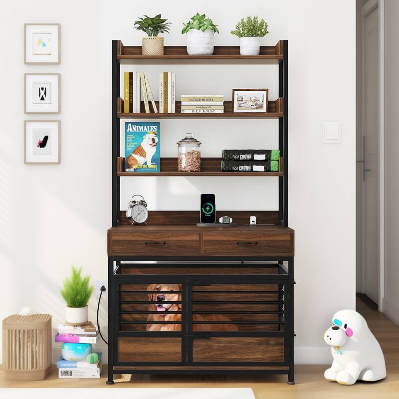 Moasis 4 Tier Storage rack Pet Crate Dog Cage Furniture with Power Outlet and 2 Drawers - 39.4"W x 11.8"D x 72.8"H - Brown