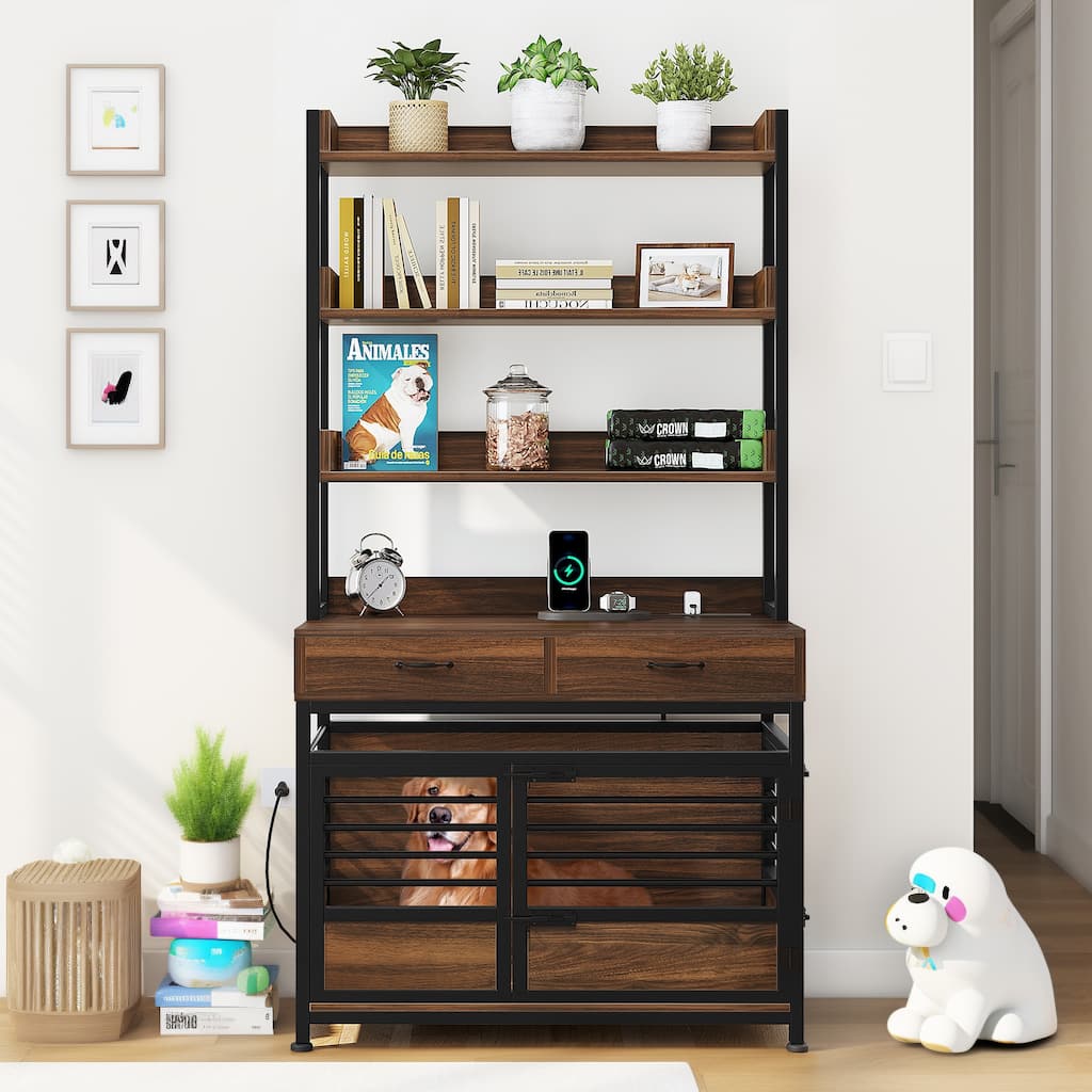 Moasis 4 Tier Storage rack Pet Crate Dog Cage Furniture with Power Outlet and 2 Drawers
