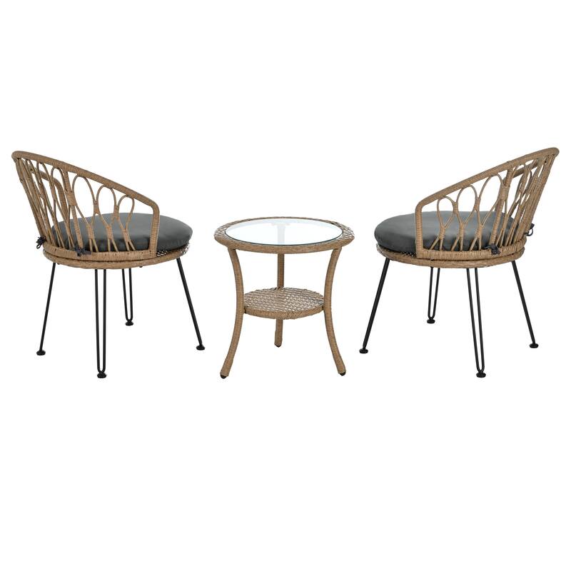 Outdoor Leisure Set, 2 Rattan Single Chairs with 1 Glass Round Table