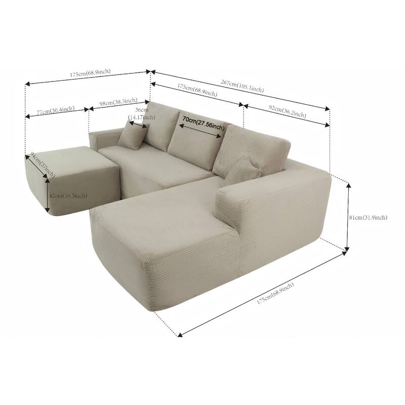 105.1" Cloud Modular Sectional Sofa with U-Shaped Chaise, Deep Seat Corduroy Upholstered Couch, No Assembly Required