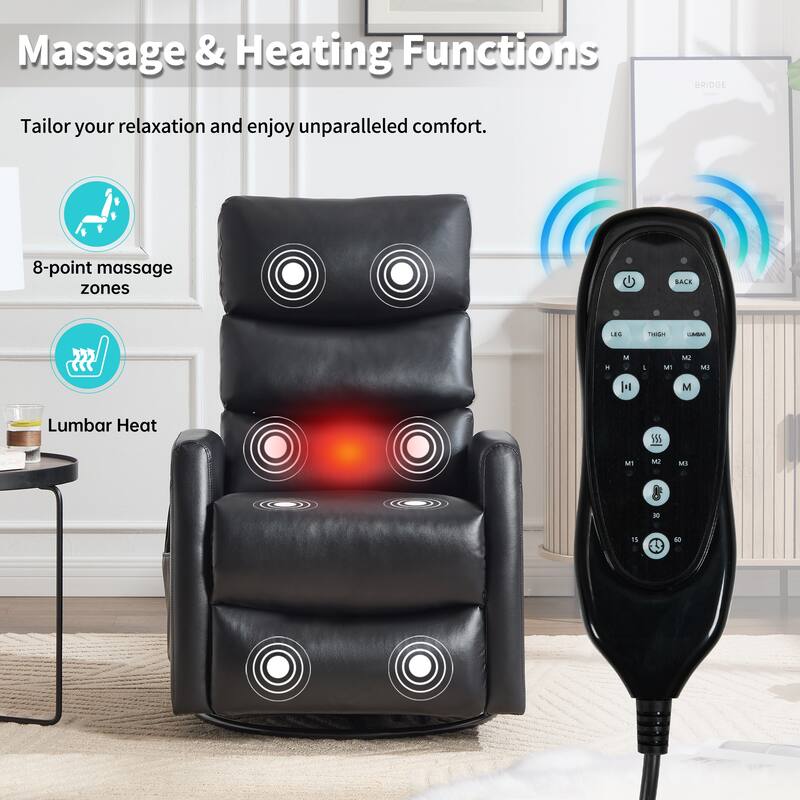 360° Swivel Rocking Recliner with Heat & Massage in Faux Leather
