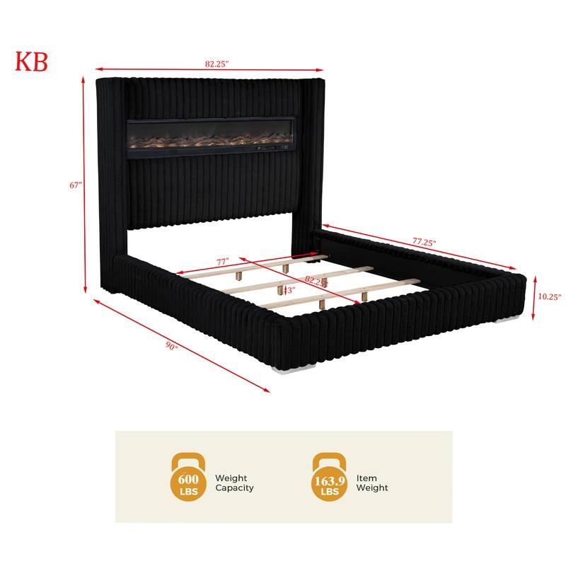 Best Master Furniture Noemie Luxe Modern Upholstered Velvet Panel Bed with Integrated Fireplace Display