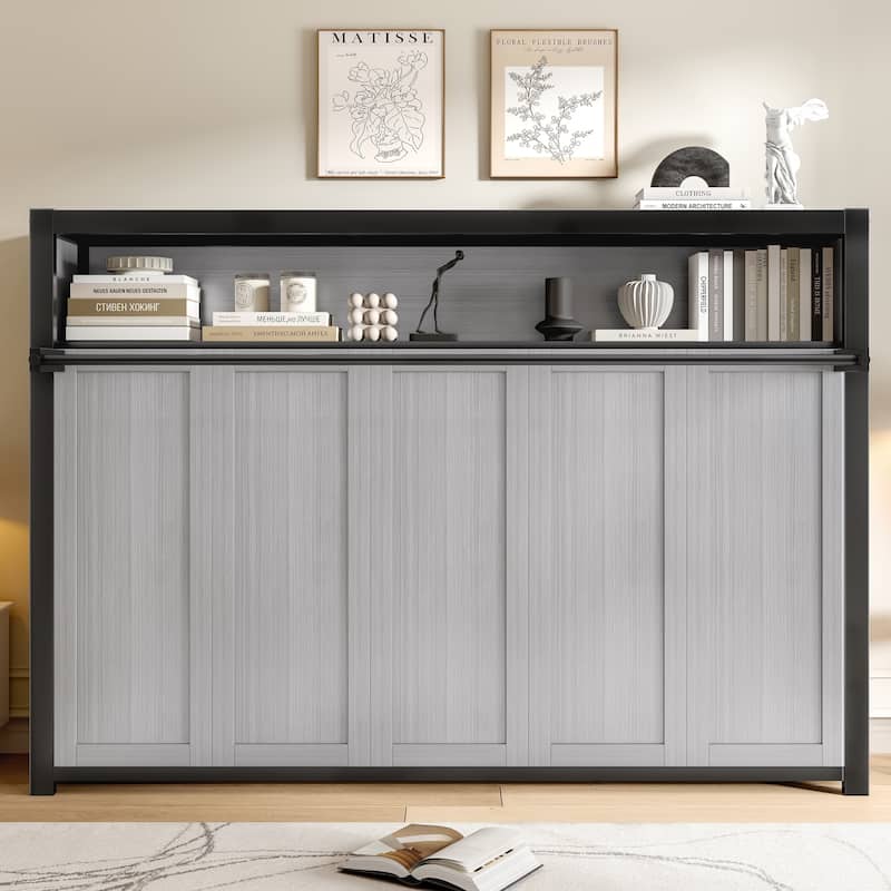Twin Size Murphy Bed Chest, Hidden Wall Platform Bed with Storage Shelves, Heavy Duty Metal Foldable Bed Frame - Gray - Twin
