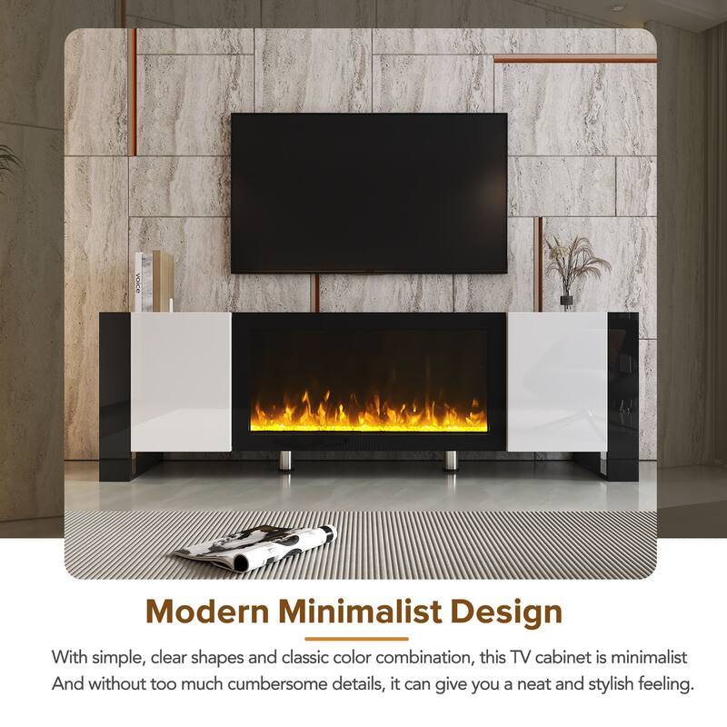 Modern High Gloss Finish V Stand with 34.2" Non-heating Electric Fireplace, Entertainment Center with 2 Cabinets