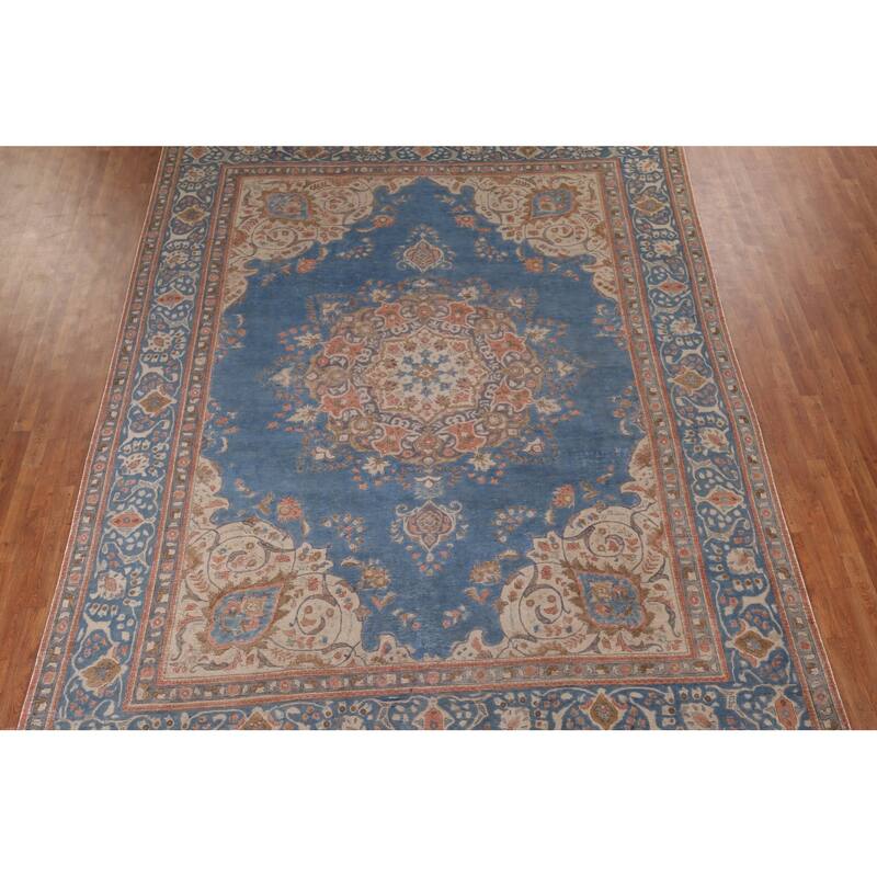 Tabriz Vintage Persian Area Rug Handmade Oriental Blue Wool Carpet - 9'8" x 12'5"