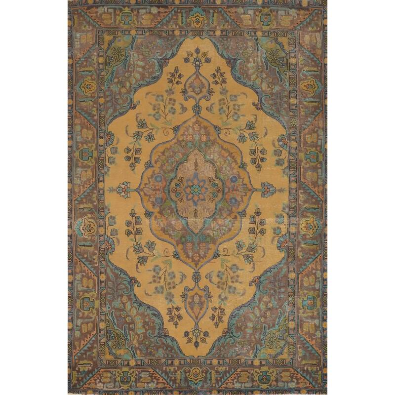 Hand Knotted Oriental 100% Wool Carpet Traditional Floral Yellow & Gold Tabriz Area Rug - 9' 6'' X 6' 7''