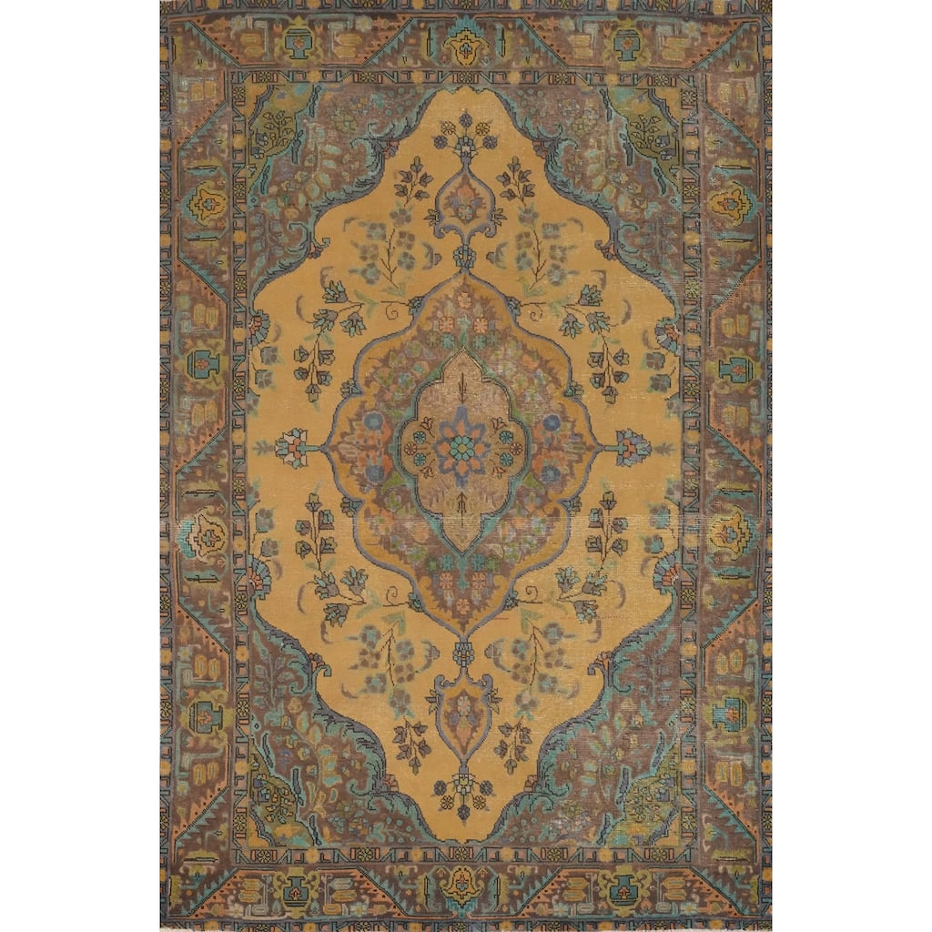 Hand Knotted Oriental 100% Wool Carpet Traditional Floral Yellow & Gold Tabriz Area Rug - 9' 6'' X 6' 7''