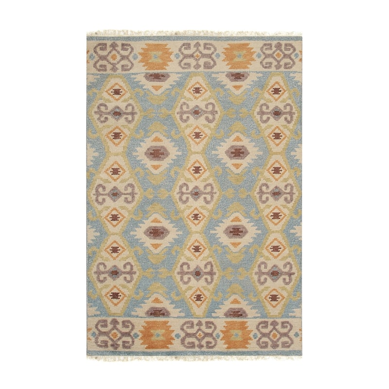 Light Blue Hand Knotted Wool Traditional Piled Kilim 9' x 12' - Plush Low Pile High Traffic Design - N/A