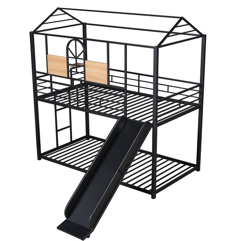 Kids Twin Over Twin Bunk Bed with Slide and Ladder, Metal Playhouse Bed Frame, Steel and MDF Construction for Safe Play