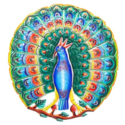 Vibrant Blue Peacock Haitian Metal Drum Wall Art