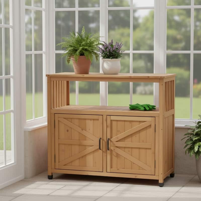 GDFStudio - Harbor Outdoor Solid Fir Wood Storage Bar Table with Slatted Design