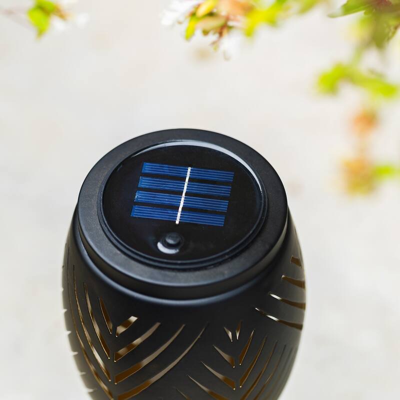 Glitzhome 8.75"H Set of 2 Black Metal Cutout Geometric Pattern Solar Powered Outdoor Lantern with LED Light