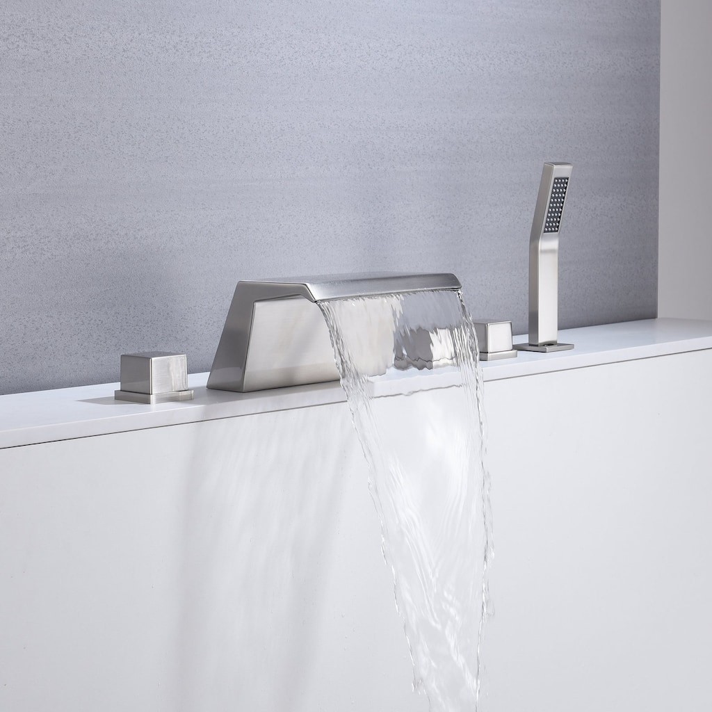 Waterfall Tub Filler Bathtub Faucet brushed nickel 5-Hole 3-Handle Solid Brass Bathroom Bath Tub Faucets - 9'6" x 13'6"