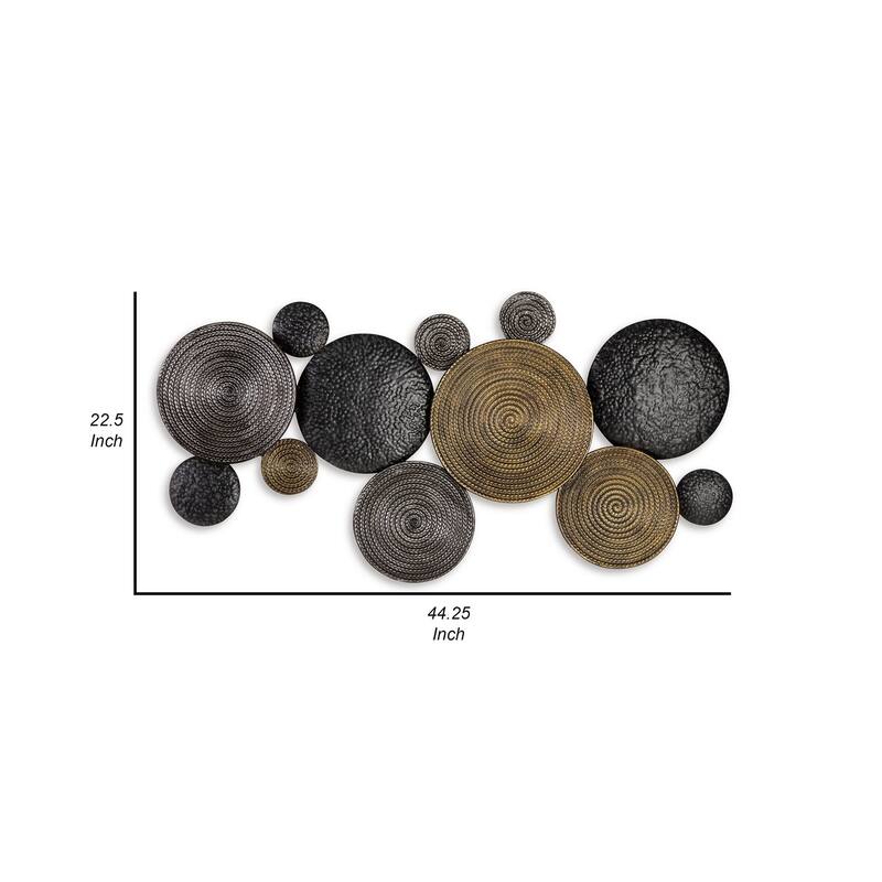 44 Inch Wall Decor, Multiple Circles, Hammered Spiral Texture, Bronze, Black