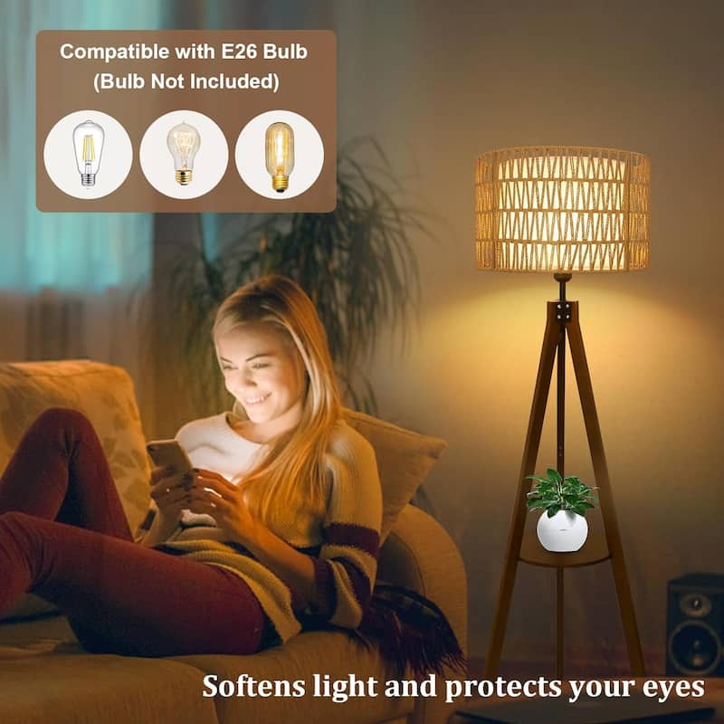 Boho Tripod Floor Lamp with Shelves, Wood Standing Lamp with Rattan & Fabric Shades, ON/Off Foot Switch,Tall Floor Lamps